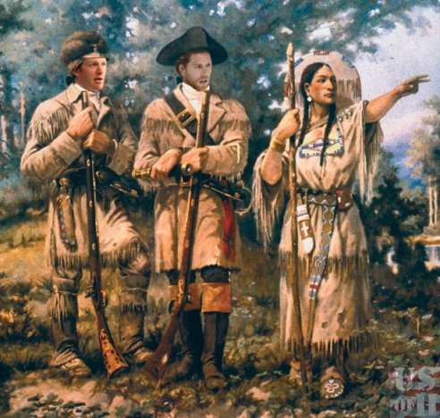 LEWIS AND CLARK, 1805.  With Sacagawea at Three Forks of the Missouri.